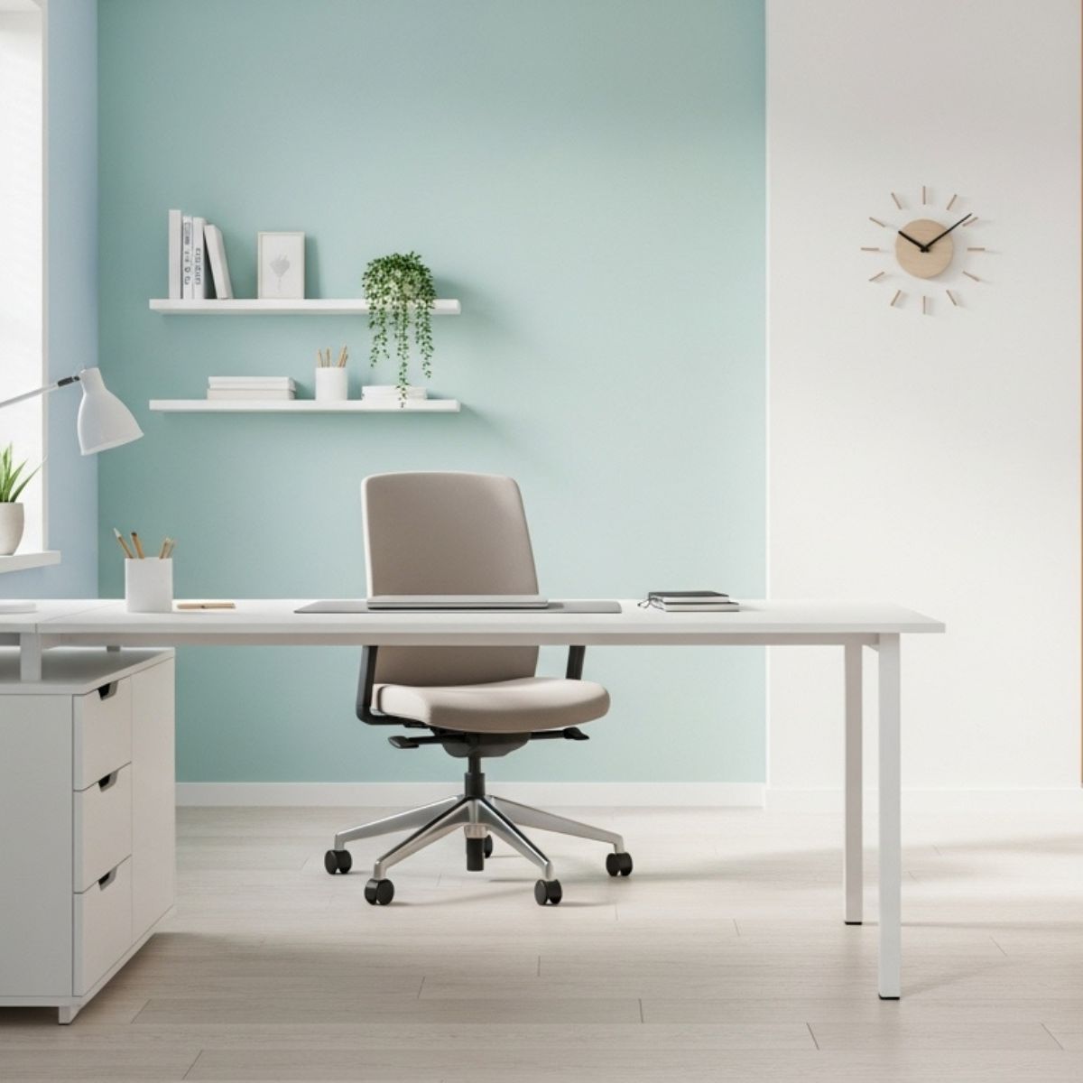 White desk in small home office space optimization